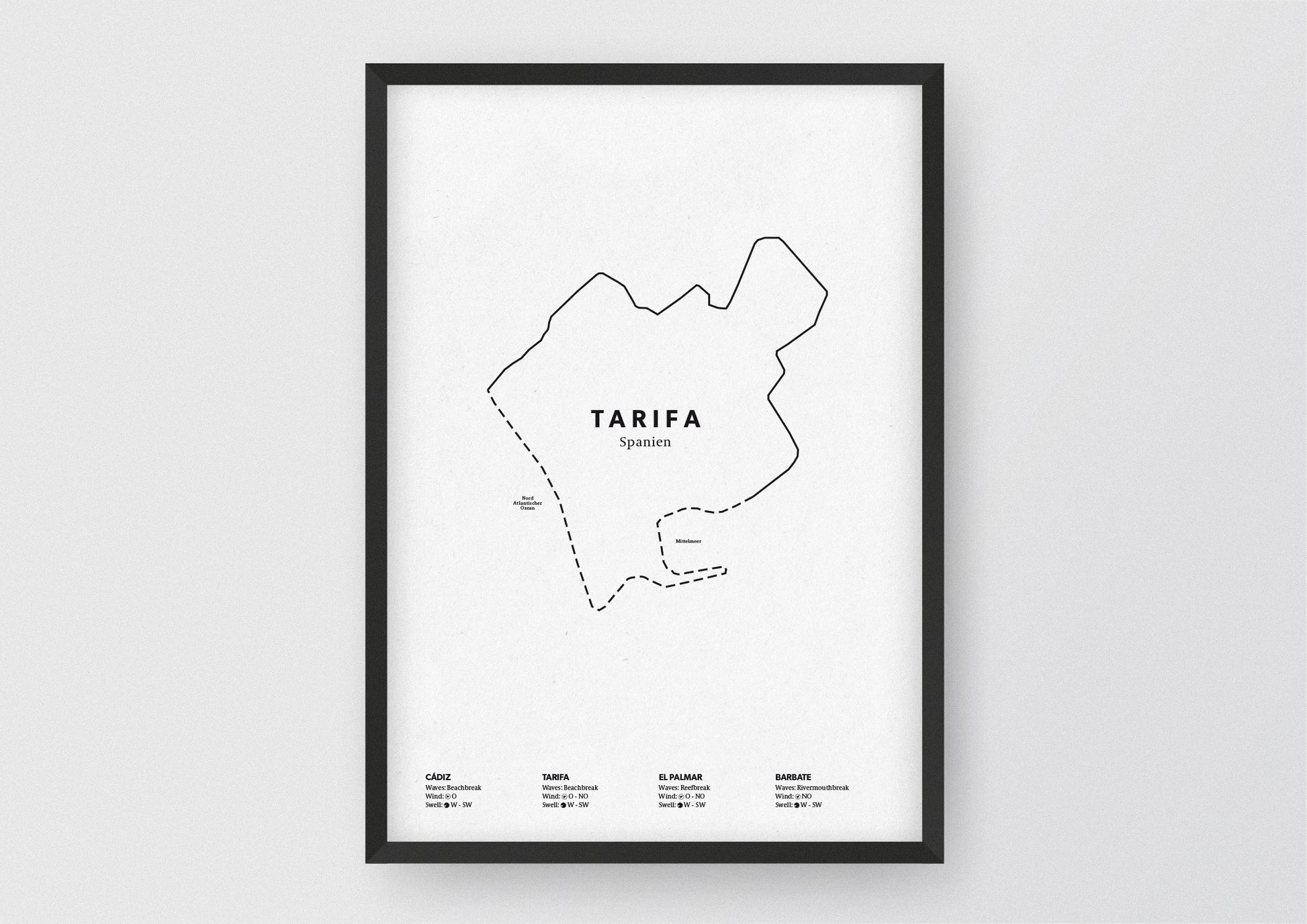Minimalistische Illustration der Karte von Tarifa in Spanien, mit Markierung der Küste sowie vier Surfhotspots der Region, als stilvoller Einrichtungsgegenstand für Zuhause.