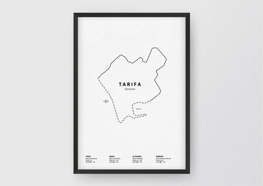 Minimalistische Illustration der Karte von Tarifa in Spanien, mit Markierung der Küste sowie vier Surfhotspots der Region, als stilvoller Einrichtungsgegenstand für Zuhause.