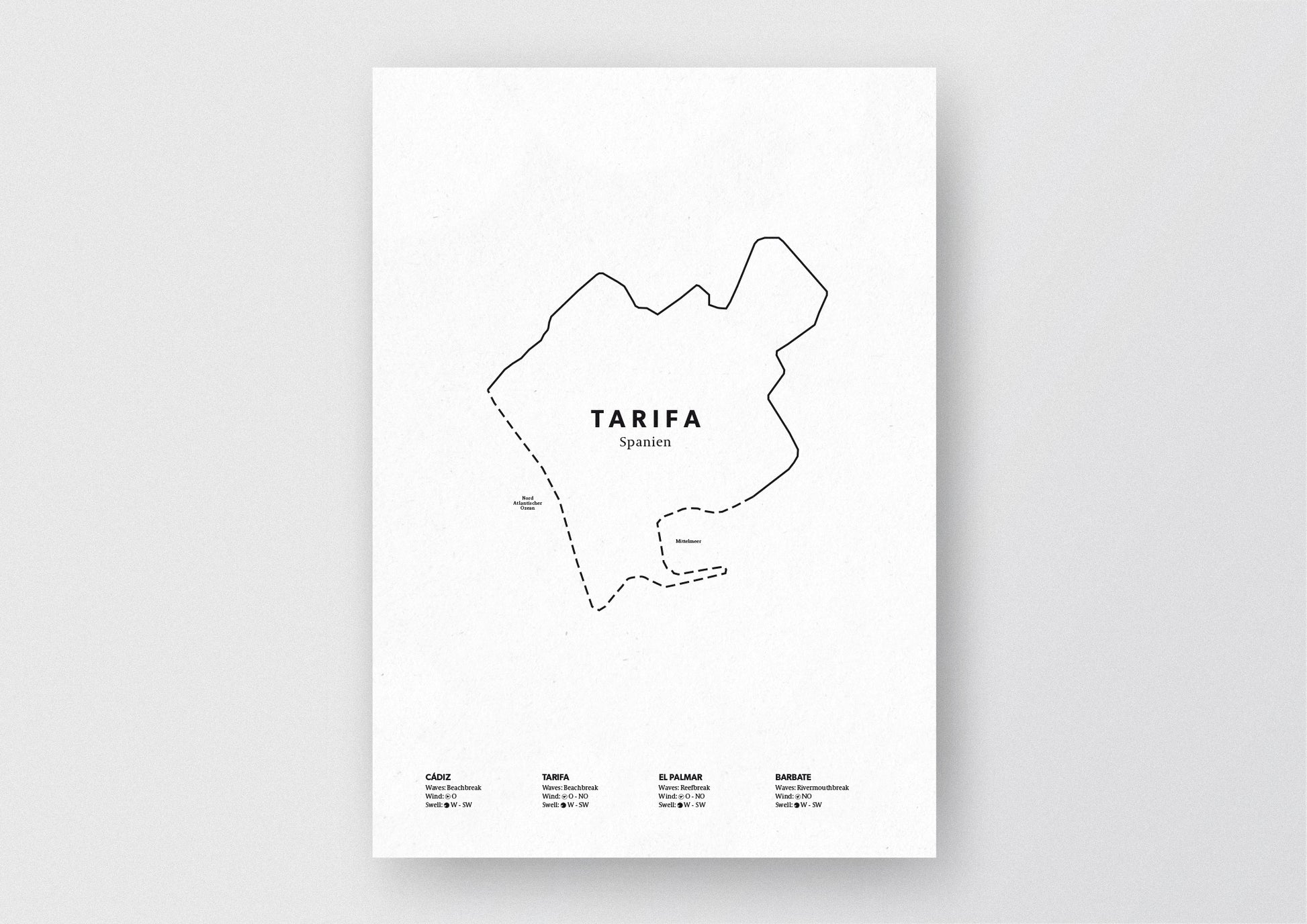 Minimalistische Illustration der Karte von Tarifa in Spanien, mit Markierung der Küste sowie vier Surfhotspots der Region, als stilvoller Einrichtungsgegenstand für Zuhause.