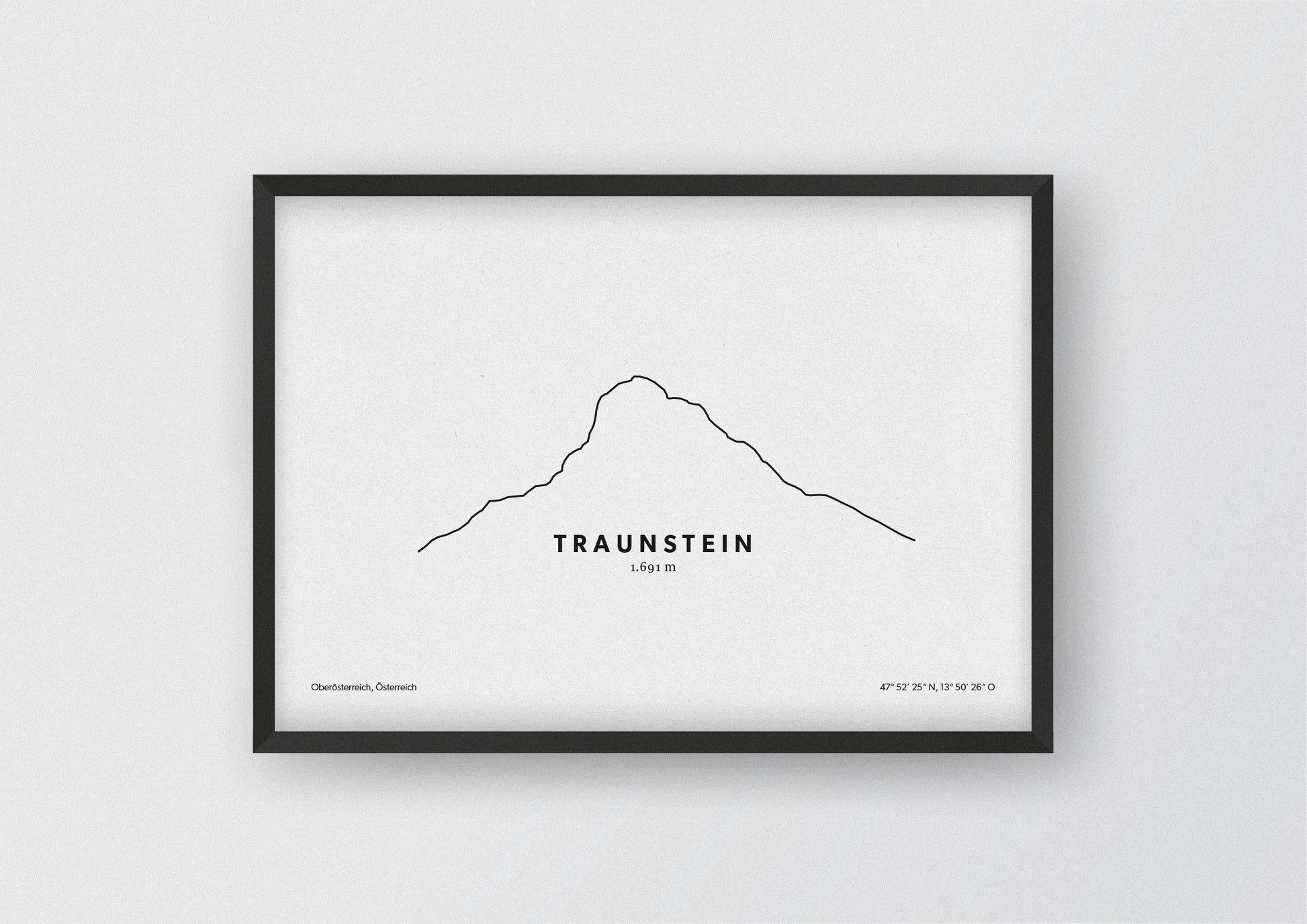 Minimalistische Illustration des Traunstein am Ostufer des Traunsees im Bezirk Gmunden, als stilvoller Einrichtungsgegenstand für Zuhause.