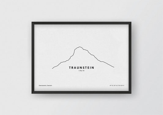 Minimalistische Illustration des Traunstein am Ostufer des Traunsees im Bezirk Gmunden, als stilvoller Einrichtungsgegenstand für Zuhause.