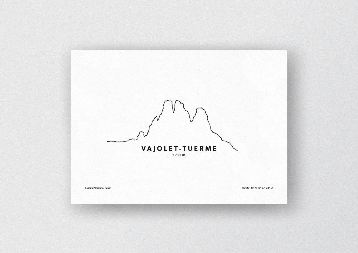 Minimalistische Illustration der Vajolet-Türme, im Zentrum der Rosengartengruppe in den Südtiroler und Trentiner Dolomiten, als stilvoller Einrichtungsgegenstand für Zuhause.