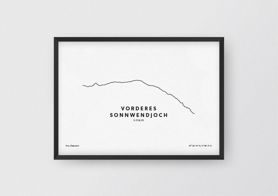 Minimalistische Illustration des Vorderen Sonnwendjoch, dem südöstlichen Ausläufer des Rofangebirges in Tirol, als stilvoller Einrichtungsgegenstand für Zuhause.