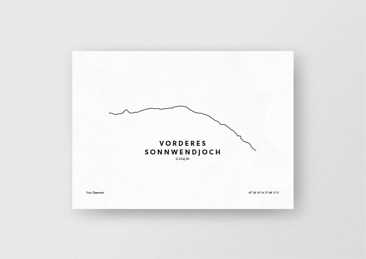 Minimalistische Illustration des Vorderen Sonnwendjoch, dem südöstlichen Ausläufer des Rofangebirges in Tirol, als stilvoller Einrichtungsgegenstand für Zuhause.