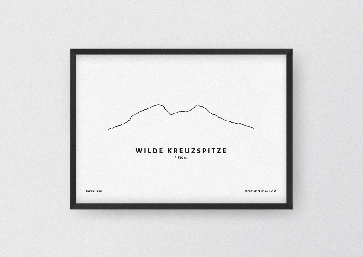 Minimalistische Illustration der Wilden Kreuzspitze, einem mächtigem Doppelgipfel zwischen dem Pfitscher Tal im Nordwesten und dem Valler Tal im Südosten in Südtirol, als stilvoller Einrichtungsgegenstand für Zuhause.