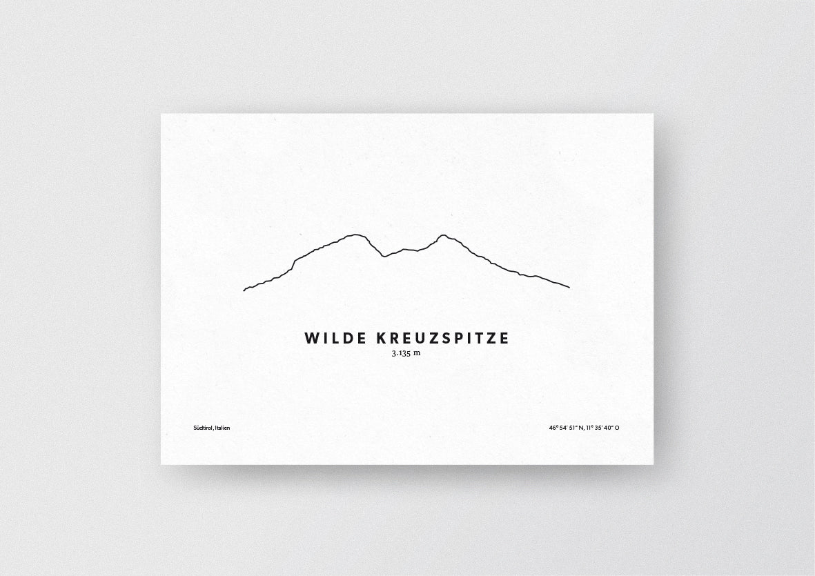 Minimalistische Illustration der Wilden Kreuzspitze, einem mächtigem Doppelgipfel zwischen dem Pfitscher Tal im Nordwesten und dem Valler Tal im Südosten in Südtirol, als stilvoller Einrichtungsgegenstand für Zuhause.